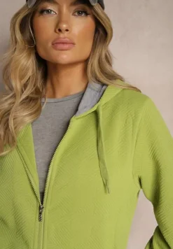 Zielona Tłoczona Bluza z Dodatkiem Bawełny i Kapturem Zapinana na Suwak Arfoya