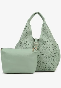 Zielona Torebka Hobo Zdobiona Ażurową Perforacją z Dodatkową Saszetką Frolana