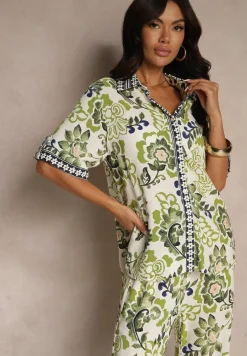 Zielona Wiskozowa Koszula w Kwiaty Milandena