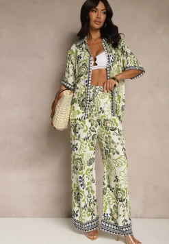 Zielona Wiskozowa Koszula w Kwiaty Milandena