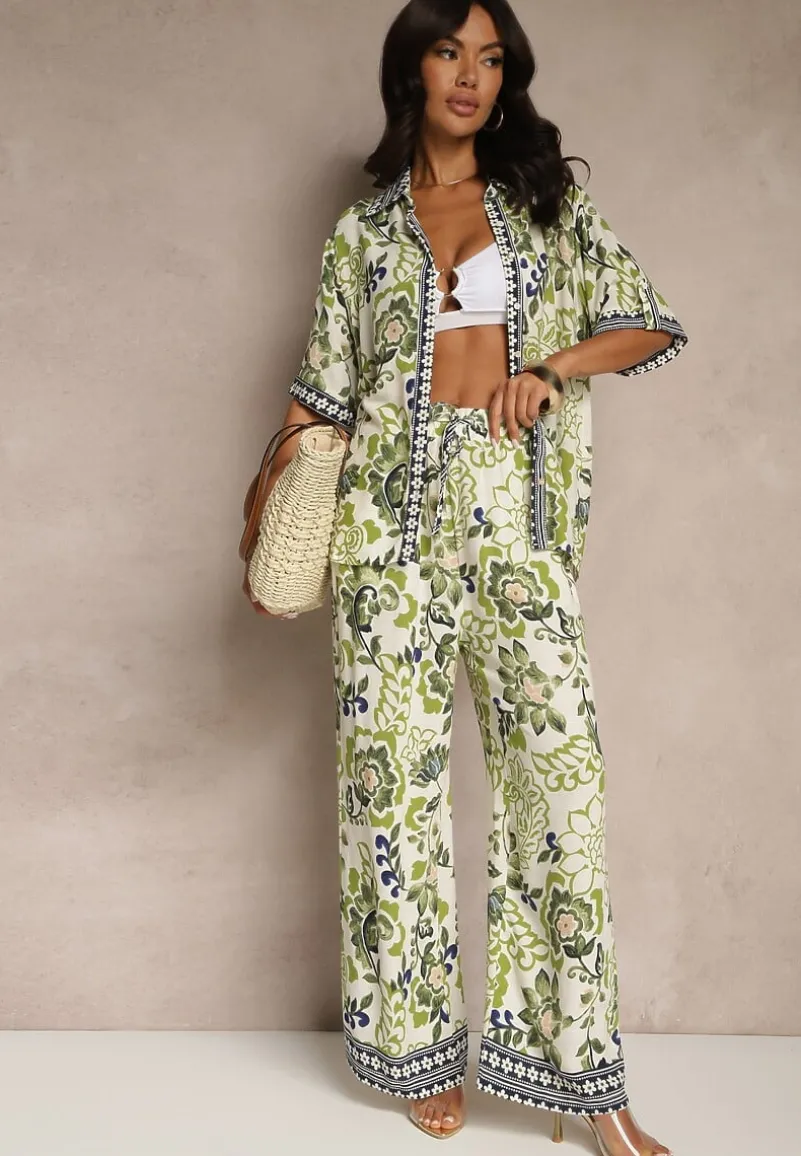 Zielona Wiskozowa Koszula w Kwiaty Milandena