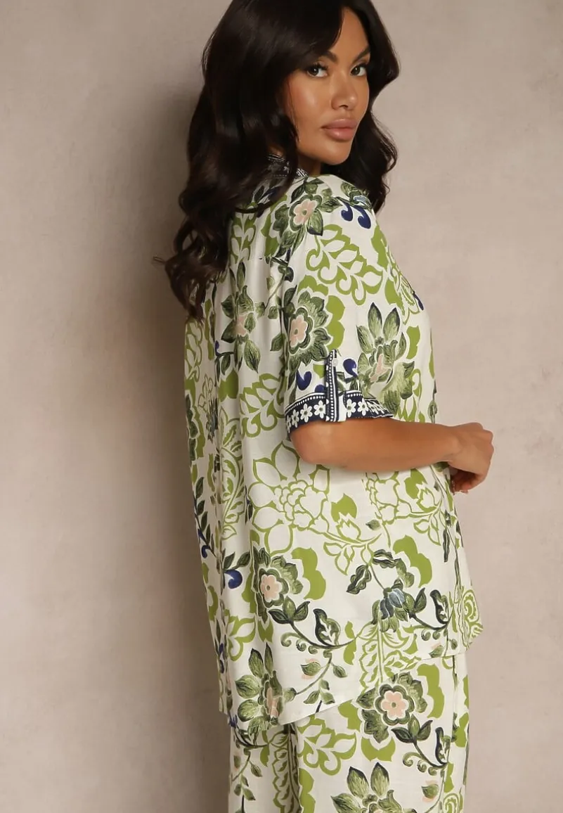 Zielona Wiskozowa Koszula w Kwiaty Milandena