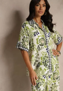 Zielona Wiskozowa Koszula w Kwiaty Milandena