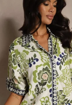 Zielona Wiskozowa Koszula w Kwiaty Milandena