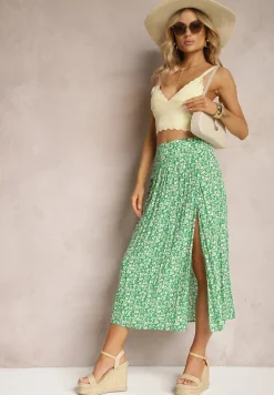 Zielona Wiskozowa Spódnica Midi z Rozcięciem na Boku Missane
