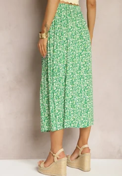 Zielona Wiskozowa Spódnica Midi z Rozcięciem na Boku Missane