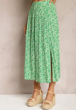 Zielona Wiskozowa Spódnica Midi z Rozcięciem na Boku Missane