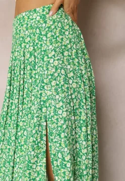 Zielona Wiskozowa Spódnica Midi z Rozcięciem na Boku Missane