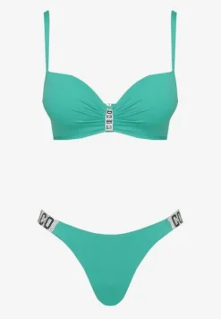 Zielone Bikini Biustonosz i Majtki Figi z Aplikacją z Cyrkoniami Nateria