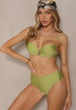 Zielone Bikini Majtki Figi i Biustonosz z Metaliczną Ozdobą Kinalenna