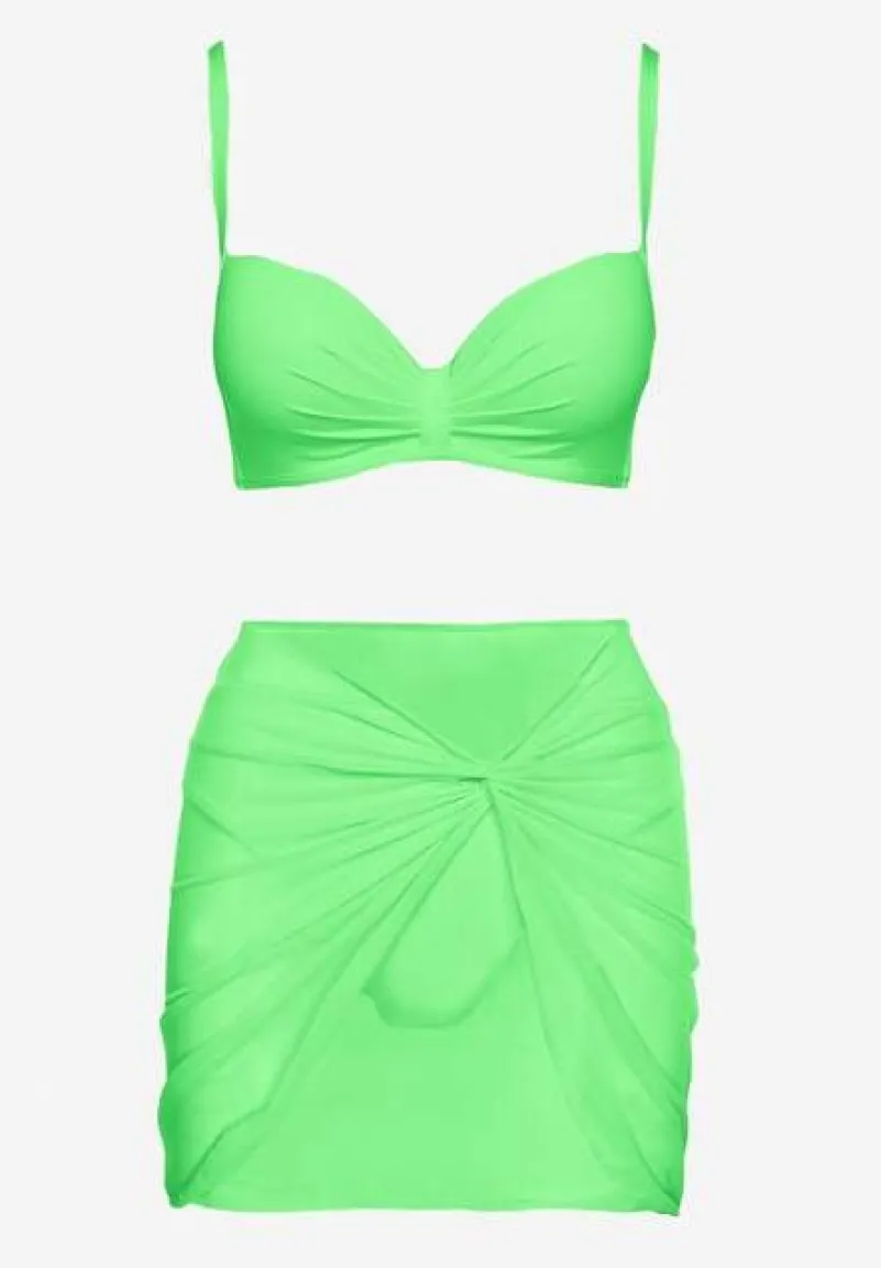 Zielone Bikini Majtki Typu Figi Marszczony Biustonosz i Pareo Natovena