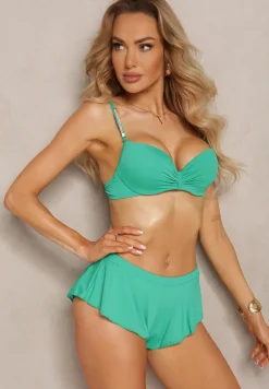 Zielone Bikini Usztywniany Biustonosz z Cyrkoniami i Spodenki Kąpielowe Wykończone Gumką w Pasie Rilamia