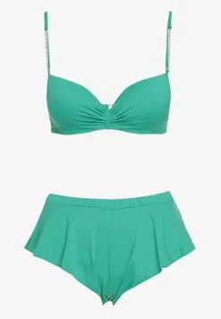 Zielone Bikini Usztywniany Biustonosz z Cyrkoniami i Spodenki Kąpielowe Wykończone Gumką w Pasie Rilamia
