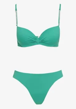 Zielone Bikini Usztywniany Biustonosz z Cyrkoniami i Spodenki Kąpielowe Wykończone Gumką w Pasie Rilamia