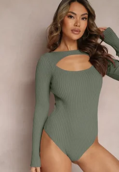 Zielone Body Prążkowane z Wycięciem na Dekolcie Kisse