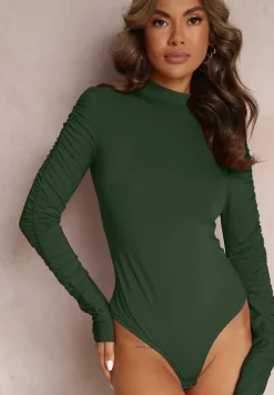 Zielone Body z Długimi Marszczonymi Rękawami Pinna