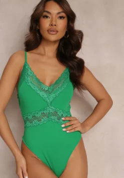 Zielone Body z Koronką Przy Dekolcie i Regulowanymi Ramiączkami Stela