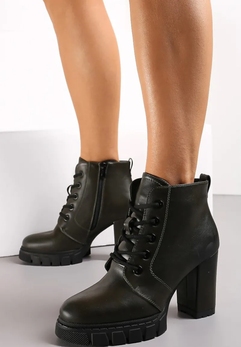 Zielone Botki na Słupku i Platformie z Bieżnikiem Dodatkowym Sznurowaniem Hinddia