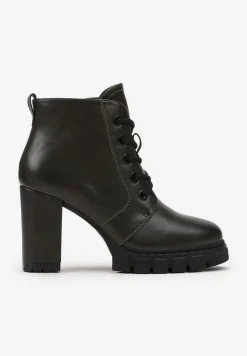 Zielone Botki na Słupku i Platformie z Bieżnikiem Dodatkowym Sznurowaniem Hinddia