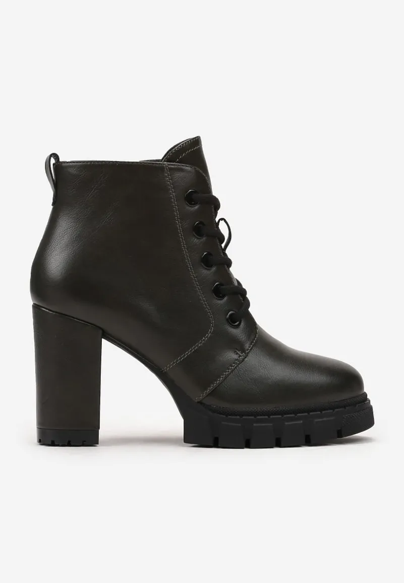 Zielone Botki na Słupku i Platformie z Bieżnikiem Dodatkowym Sznurowaniem Hinddia