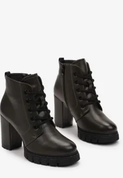 Zielone Botki na Słupku i Platformie z Bieżnikiem Dodatkowym Sznurowaniem Hinddia