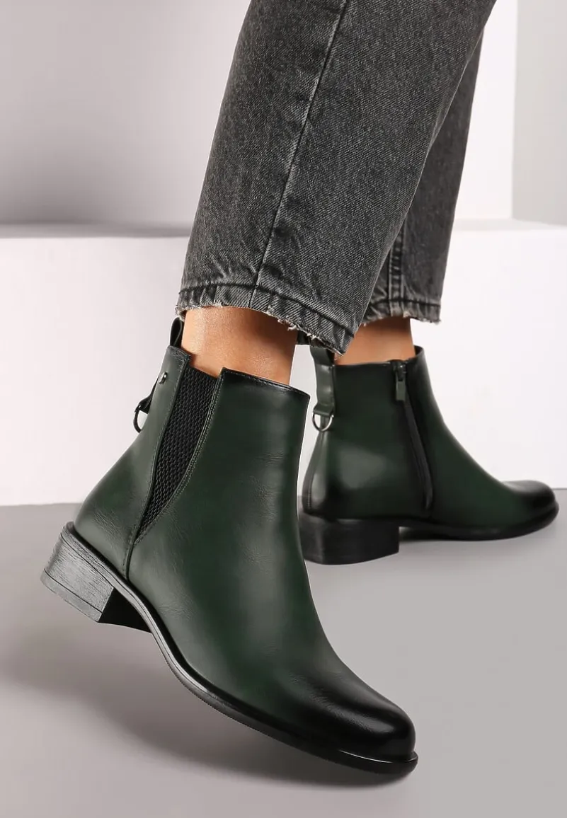 Zielone Botki na Słupku w Stylu Sztybletów z Metaliczną Aplikacją Verinette