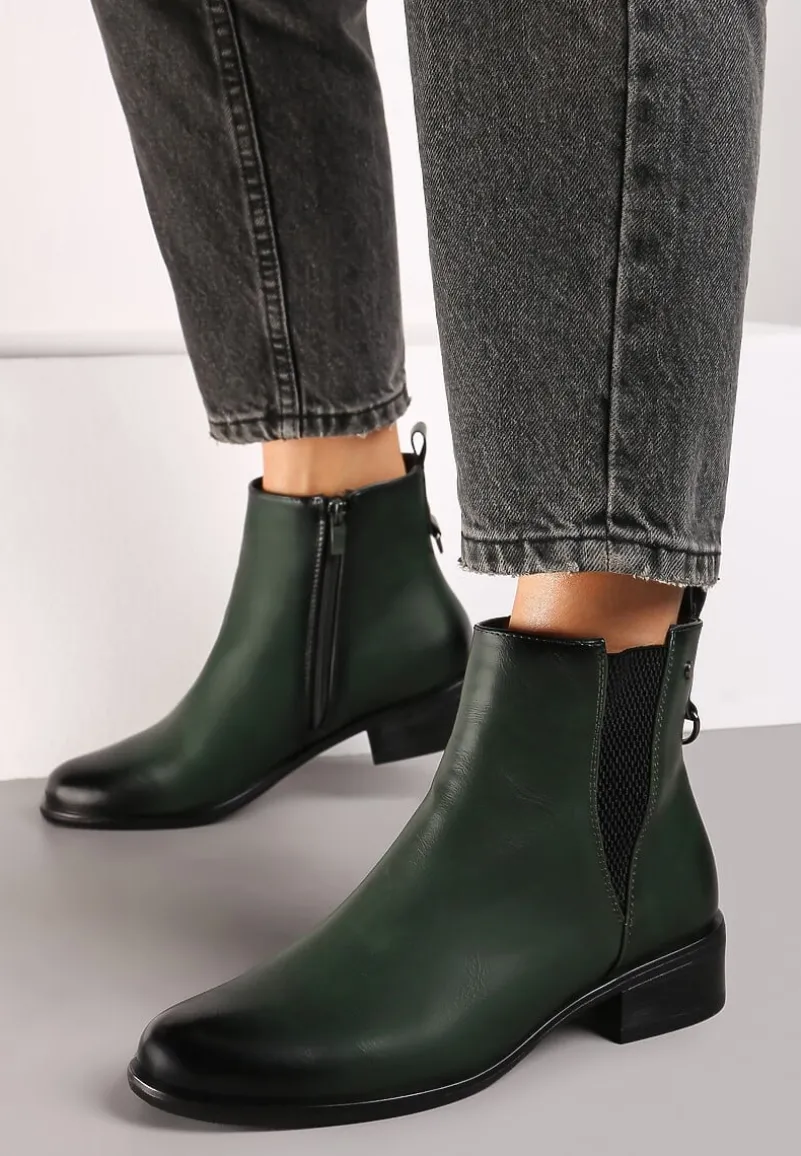 Zielone Botki na Słupku w Stylu Sztybletów z Metaliczną Aplikacją Verinette