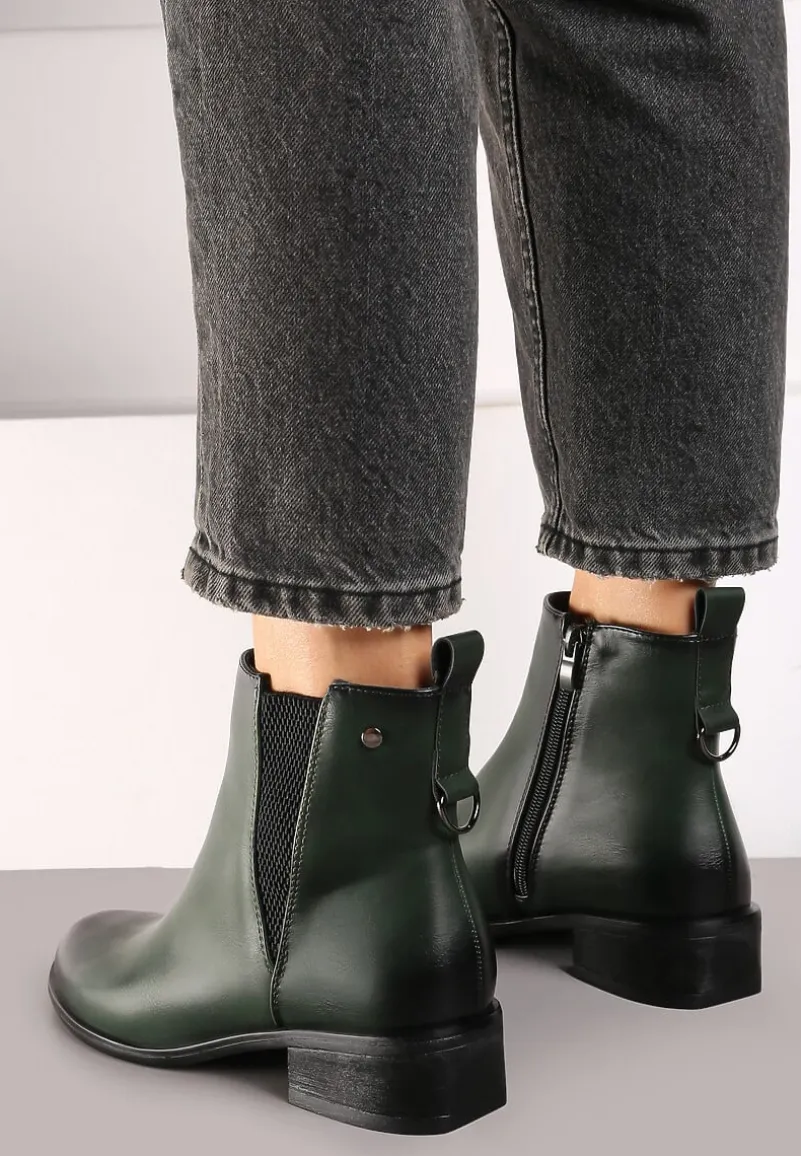 Zielone Botki na Słupku w Stylu Sztybletów z Metaliczną Aplikacją Verinette