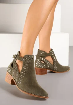 Zielone Botki Vices na Słupku w Stylu Kowbojek z Metalicznymi Aplikacjami i Wycięciami Virori