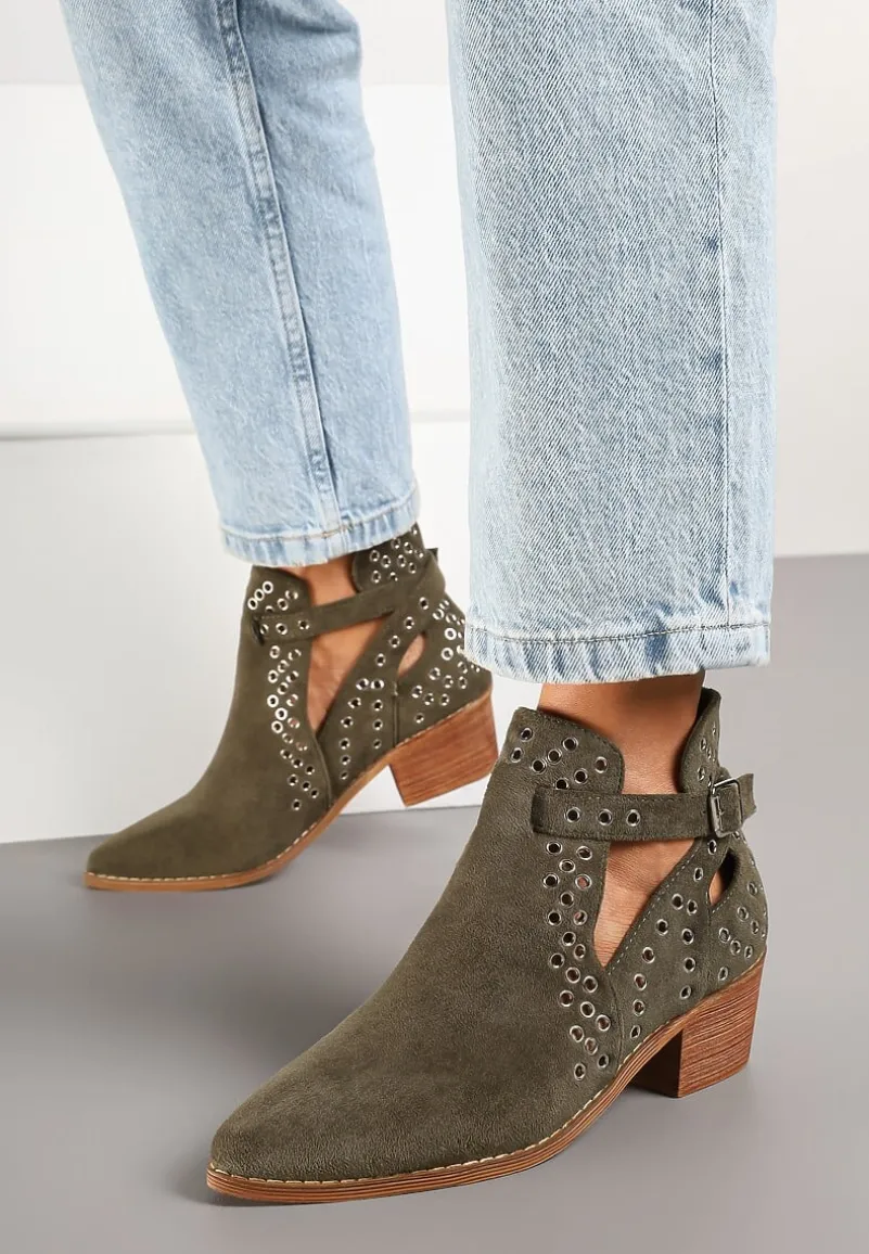 Zielone Botki Vices na Słupku w Stylu Kowbojek z Metalicznymi Aplikacjami i Wycięciami Virori