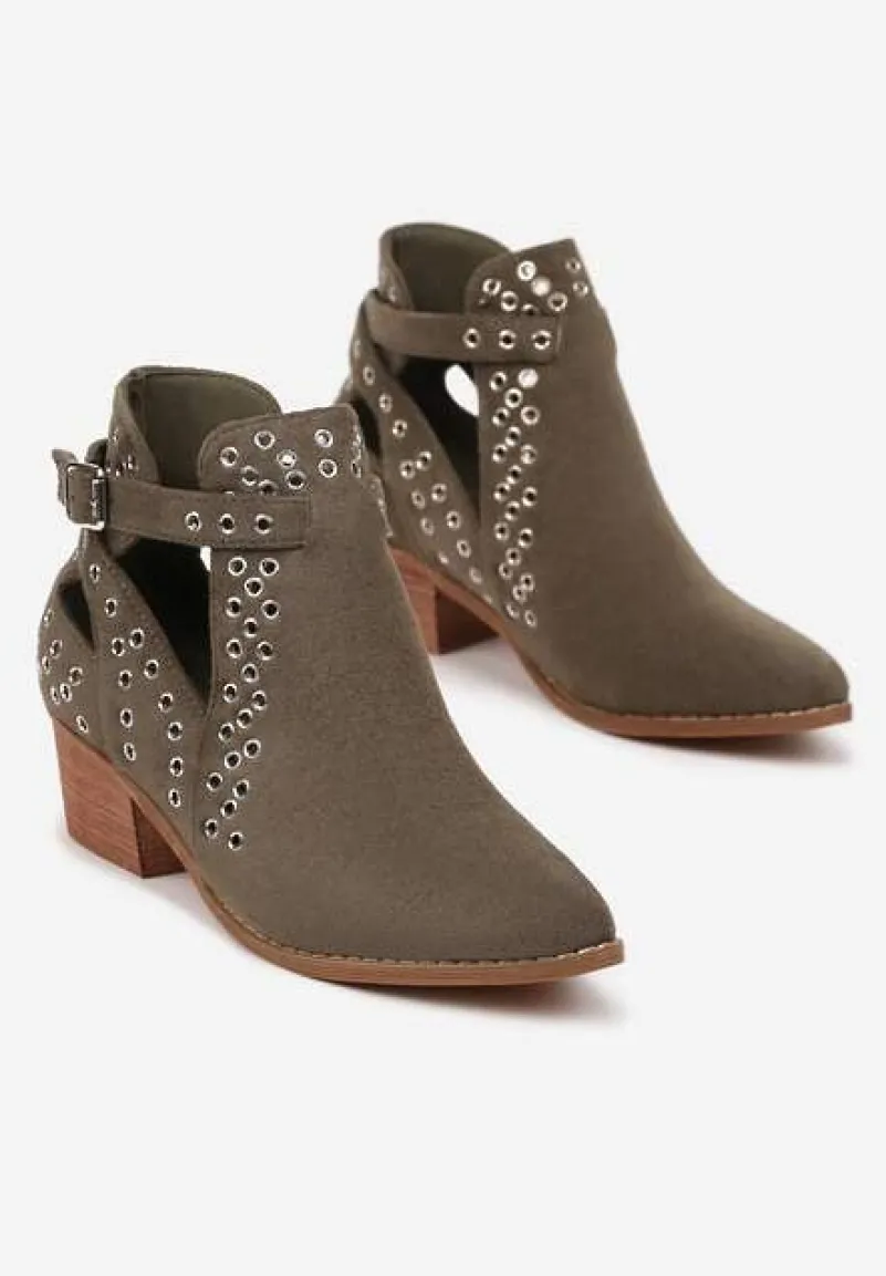 Zielone Botki Vices na Słupku w Stylu Kowbojek z Metalicznymi Aplikacjami i Wycięciami Virori