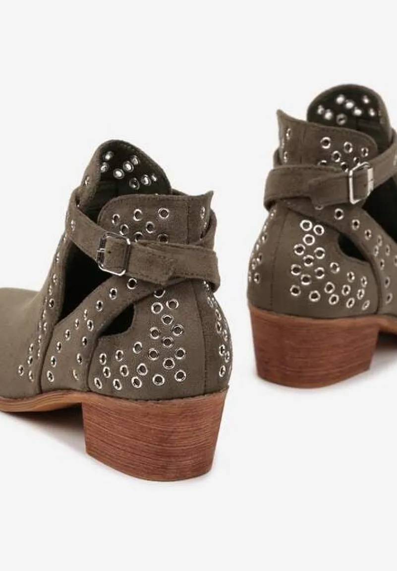 Zielone Botki Vices na Słupku w Stylu Kowbojek z Metalicznymi Aplikacjami i Wycięciami Virori