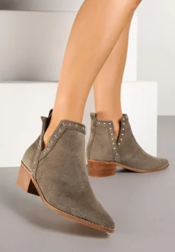 Zielone Botki Vices na Słupku z Ażurową Cholewką Nitami i Wycięciem Borfedi