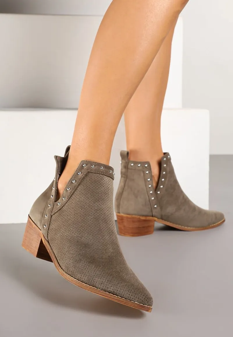 Zielone Botki Vices na Słupku z Ażurową Cholewką Nitami i Wycięciem Borfedi