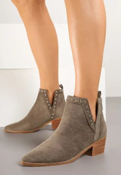 Zielone Botki Vices na Słupku z Ażurową Cholewką Nitami i Wycięciem Borfedi