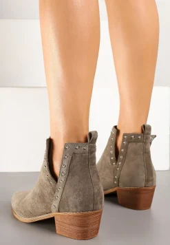 Zielone Botki Vices na Słupku z Ażurową Cholewką Nitami i Wycięciem Borfedi