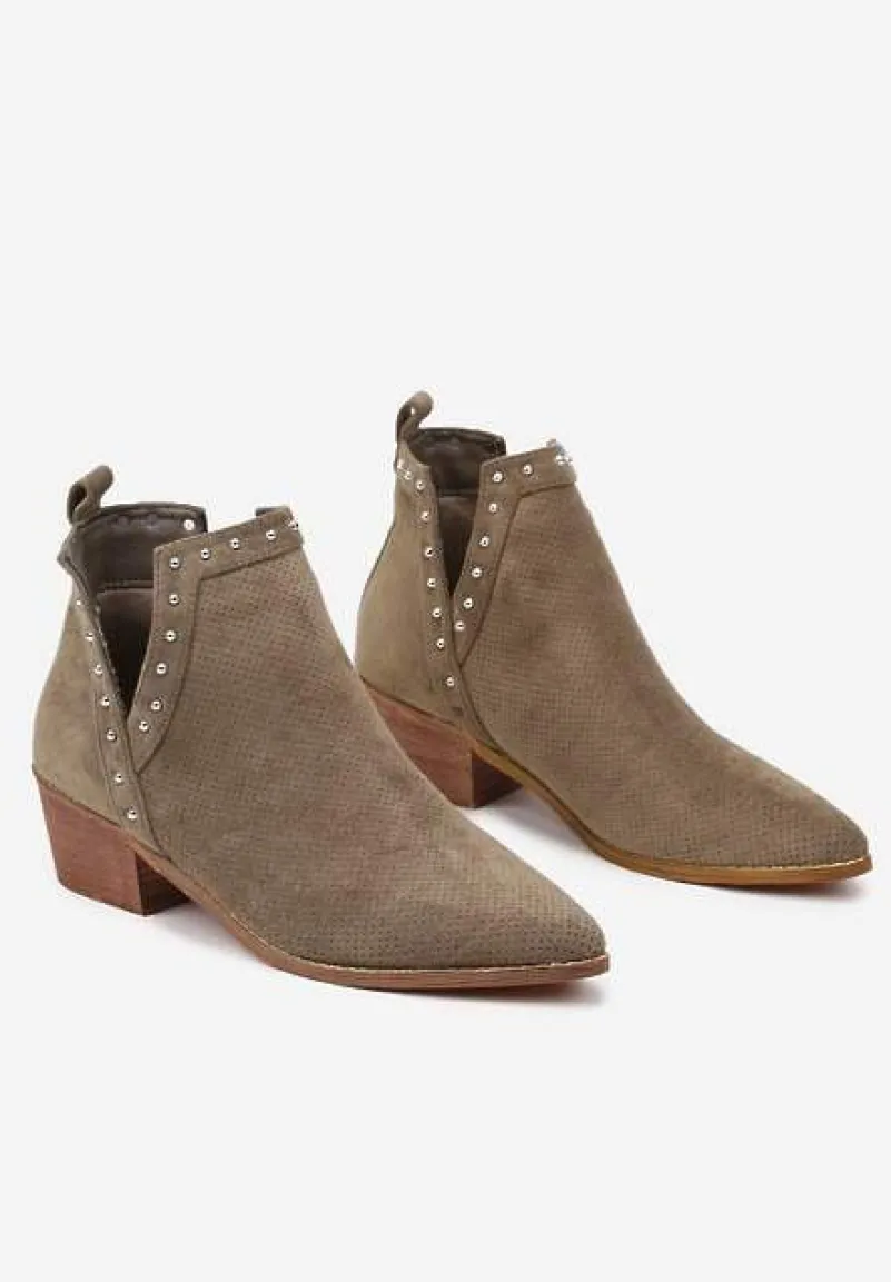 Zielone Botki Vices na Słupku z Ażurową Cholewką Nitami i Wycięciem Borfedi