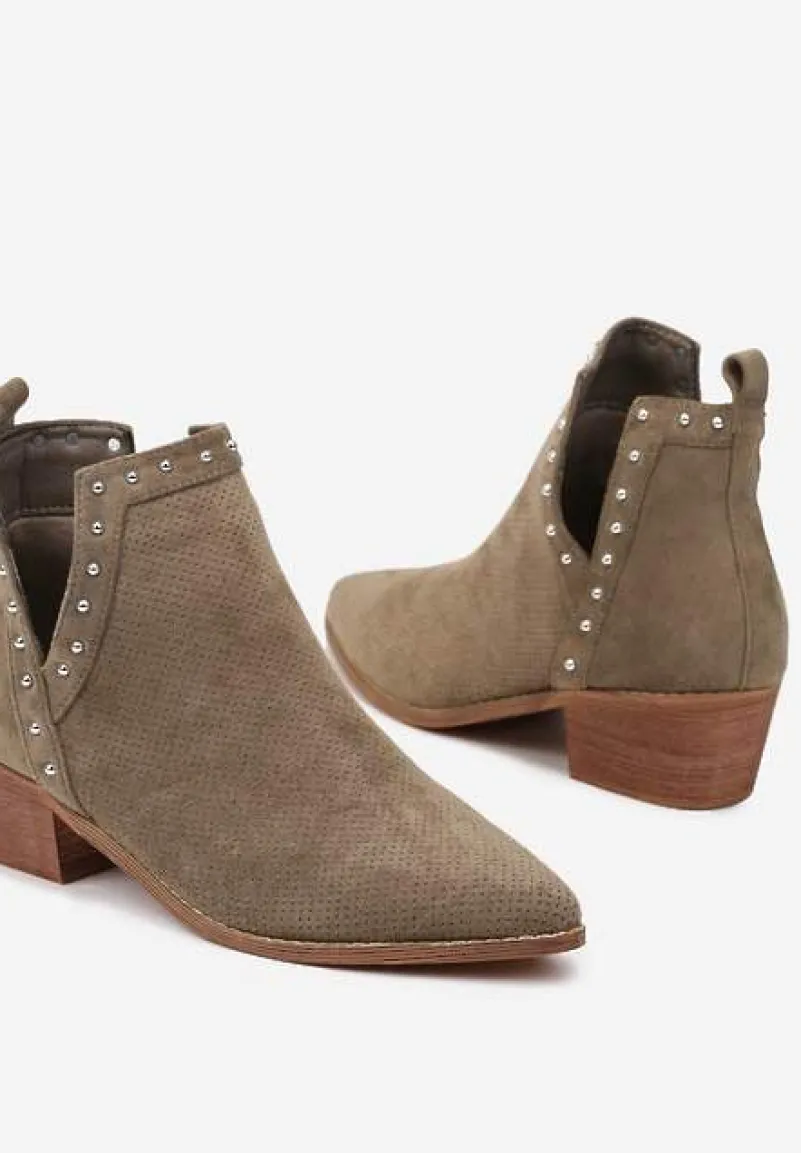 Zielone Botki Vices na Słupku z Ażurową Cholewką Nitami i Wycięciem Borfedi