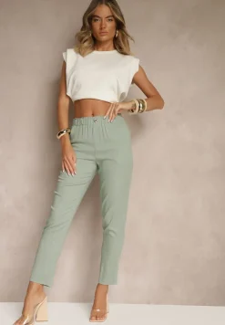 Zielone Casualowe Spodnie z Lnem z Gumką w Pasie Filanisse