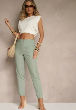 Zielone Casualowe Spodnie z Lnem z Gumką w Pasie Filanisse