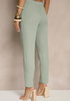 Zielone Casualowe Spodnie z Lnem z Gumką w Pasie Filanisse