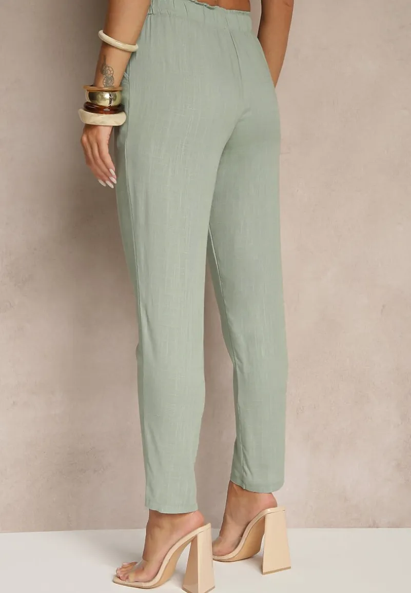 Zielone Casualowe Spodnie z Lnem z Gumką w Pasie Filanisse