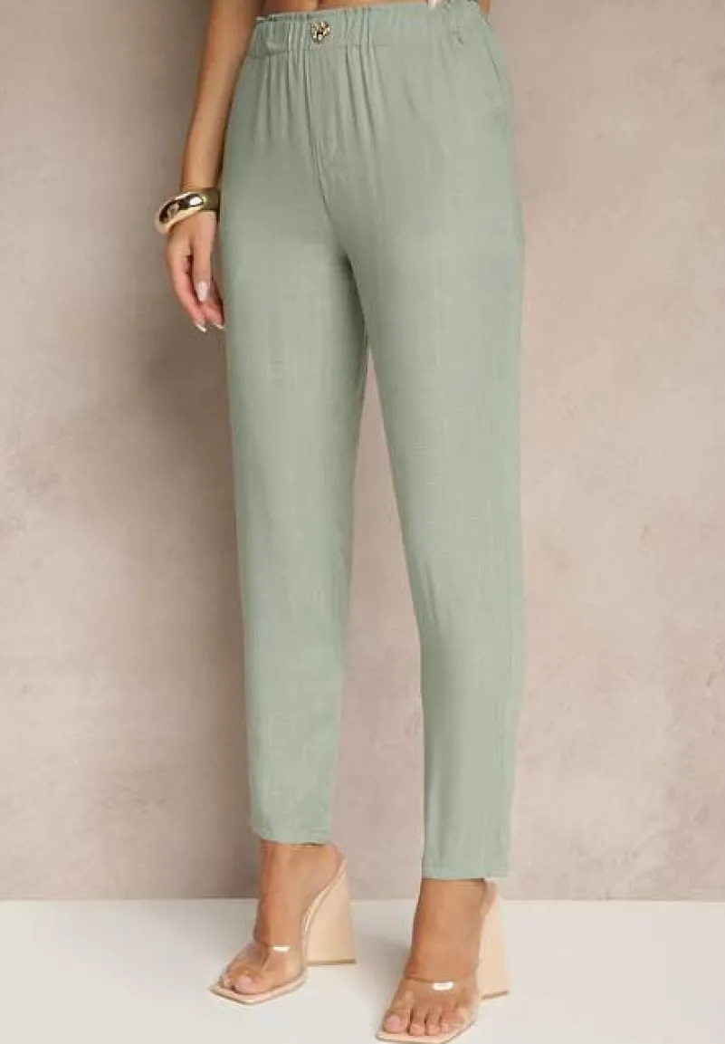 Zielone Casualowe Spodnie z Lnem z Gumką w Pasie Filanisse