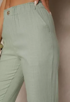 Zielone Casualowe Spodnie z Lnem z Gumką w Pasie Filanisse