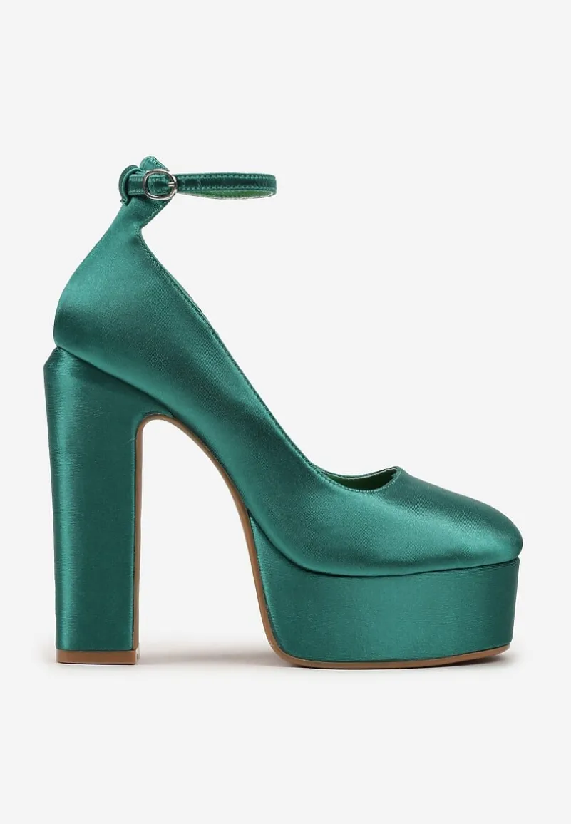 Zielone Czółenka Satynowe na Platformie i Słupku Enalae