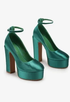 Zielone Czółenka Satynowe na Platformie i Słupku Enalae