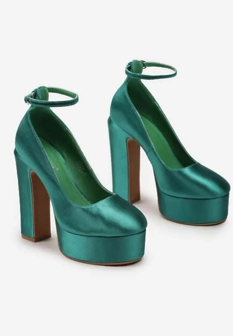 Zielone Czółenka Satynowe na Platformie i Słupku Enalae