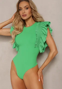 Zielone Eleganckie Body z Bawełny z Zapięciem na Napy Wykończone Falbankami Iilines