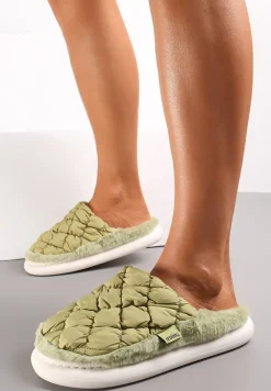 Zielone Eleganckie Kapcie Pikowane na Niskiej Platformie Tavemene