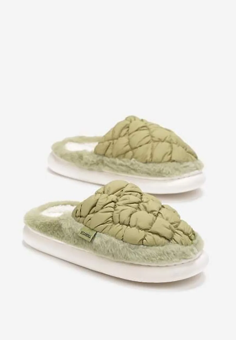 Zielone Eleganckie Kapcie Pikowane na Niskiej Platformie Tavemene